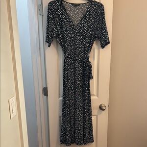 Green, blue, white polka dot Wrap Midi Dress